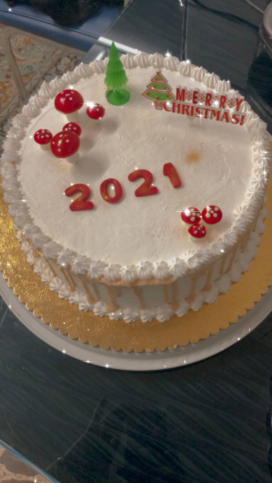 Christmas holiday cake with fondant mushrooms
